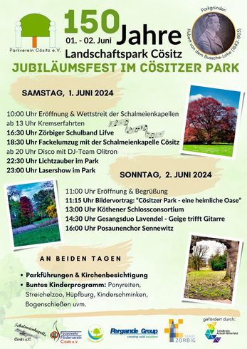 Flyer zum Jubiläumsfest „150 Jahre Landschaftspark Cösitz“.